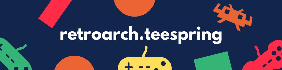 Color-field banner linking to RetroArch apparel