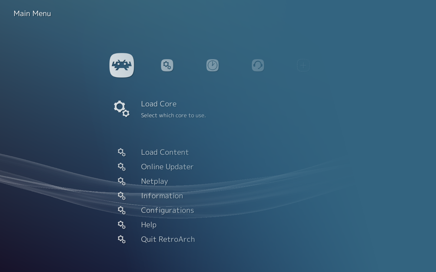 Horizontal RetroArch menu row with Load Core selected